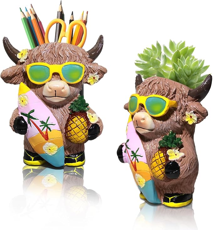 Cute Cow Planter Pots, Highland Cow Planter With Drain, 4.3 Inch Animal Planter, Resin Highland Cow Figurine, Storage Containers For Outdoor Indoor Backyard Balcony Planters Home Garden Decor Gifts