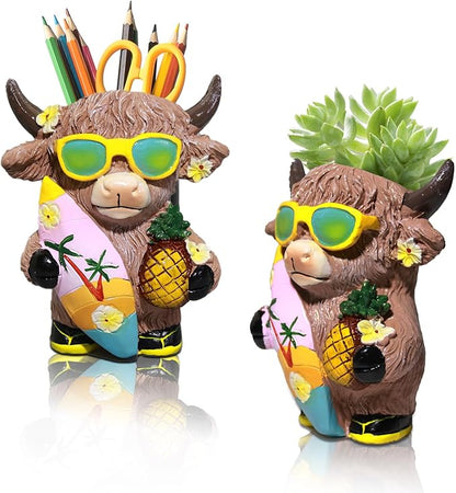 Cute Cow Planter Pots, Highland Cow Planter With Drain, 4.3 Inch Animal Planter, Resin Highland Cow Figurine, Storage Containers For Outdoor Indoor Backyard Balcony Planters Home Garden Decor Gifts