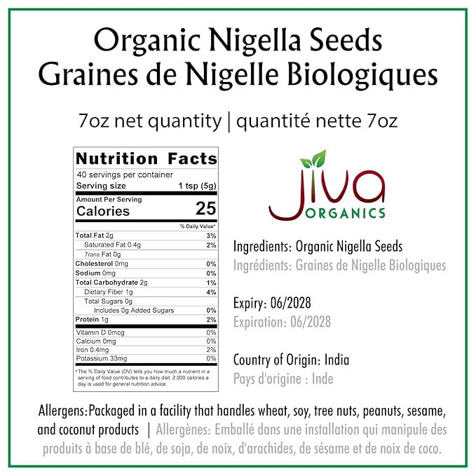 Jiva Organic Nigella Seeds 7 Ounce Bag - Kalonji Seeds, Whole Black Seed, Nigella Sativa, Black Cumin