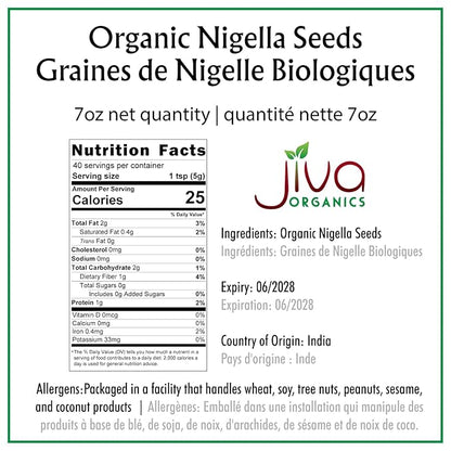 Jiva Organic Nigella Seeds 7 Ounce Bag - Kalonji Seeds, Whole Black Seed, Nigella Sativa, Black Cumin