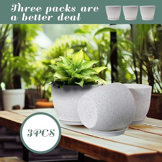 10/9/8 inch Plant Pots, 3 Pack Plastic Flower Pots Modern Flower Pots with Drainage Holes and Trays are for Indoor and Outdoor Plants, Herbs and Flowers,White Speckles