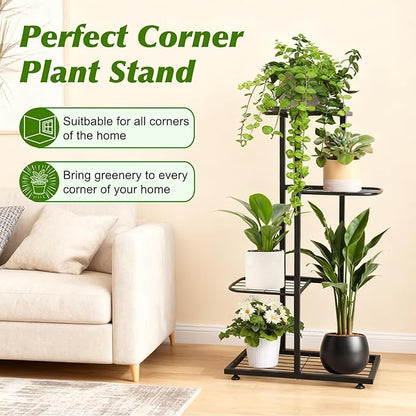 Plant Stand Indoor Outdoor, Corner Metal Plant Stands, Heavy Duty Tall Planter Shelf for Multiple Plants, Flower Pot Holder for Patio Garden Balcony Living Room (Black, 4 Tier-5 Potted)
