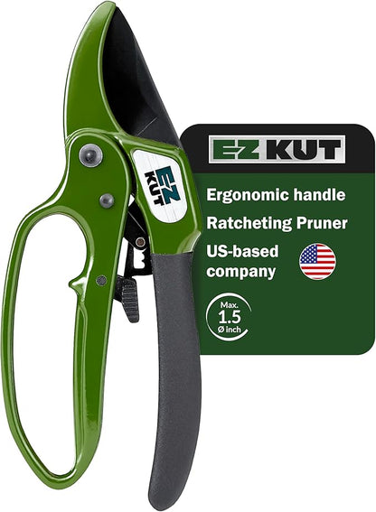 EZ Kut Heavy Duty Pruning Shears Green - with Ratcheting Action Great Garden Hand Tool Clippers Gardening pruners arthritis tools Ratcheting Anvil Hand Pruner Pruning Shears Heavy Duty Since 1988