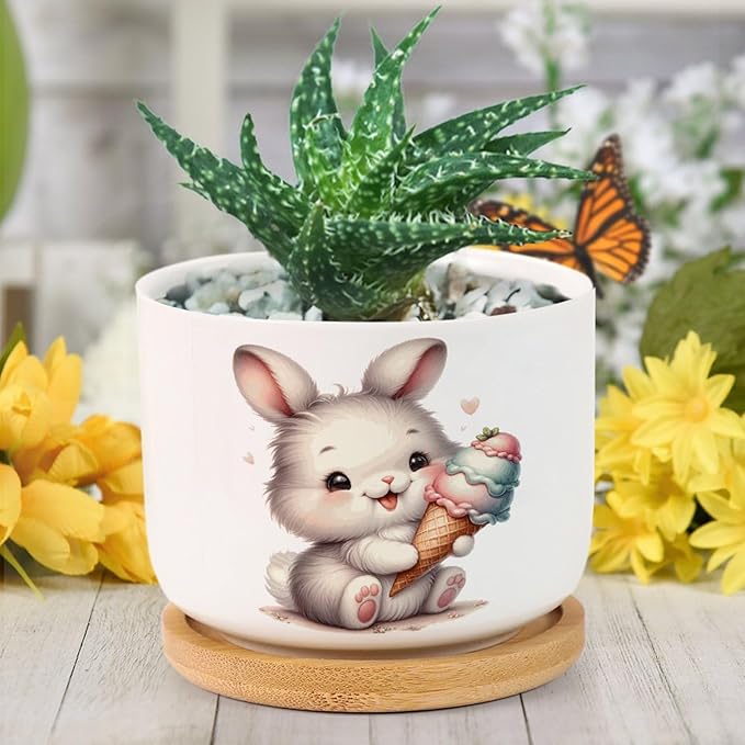 DreamAutumn Cute Easter Bunny Ceramic Pots for Plants with Drainage Holes Round Flower Pot Bamboo Tray Orchid Pot Succulents Pots for Outdoor Indoor Plants