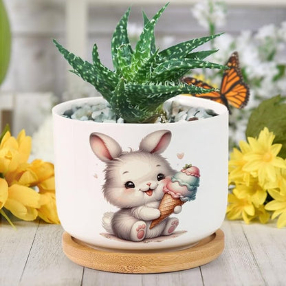 DreamAutumn Cute Easter Bunny Ceramic Pots for Plants with Drainage Holes Round Flower Pot Bamboo Tray Orchid Pot Succulents Pots for Outdoor Indoor Plants