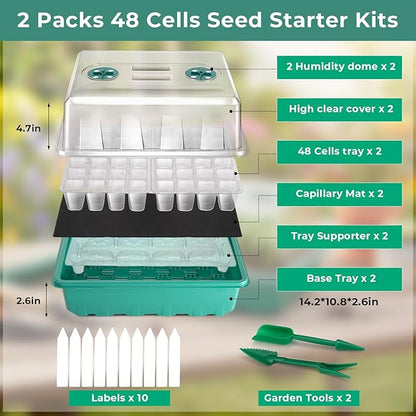 Self-Watering Seed Starter Tray 2 Packs, 96 Cells Seed Starter Kit with Humidity Vented Domes and High Lid, Germination Kit for Indoor Greenhouse Seed Starter