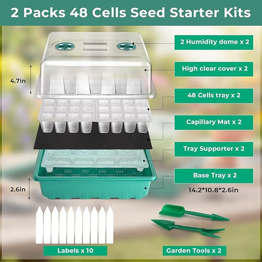 Self-Watering Seed Starter Tray 2 Packs, 96 Cells Seed Starter Kit with Humidity Vented Domes and High Lid, Germination Kit for Indoor Greenhouse Seed Starter