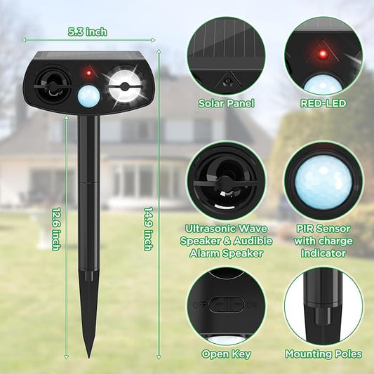 Solar Powered Animal Repeller, Ultrasonic Pest Deterrent with LED Strobe Light, Green, Motion Sensor, 14.8 Inch Stake, for Yard Garden 2 Packs