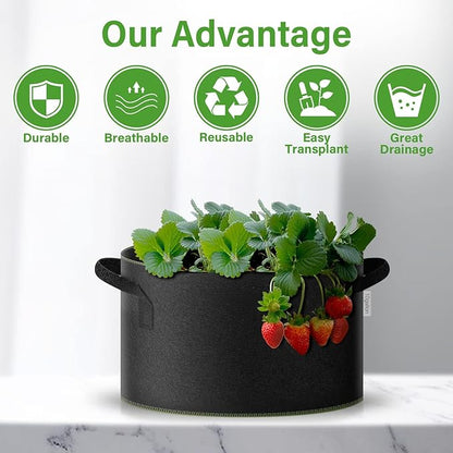 iPower 5-Gallon 10-Pack Grow Bag Thickened Nonwoven Fabric Pots Heavy Duty Aeration Container with Strap Handles for Garden and Planting Vegetable Flowers, Black with Green Stitch Sewing