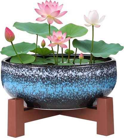 Lotus Bowl Planter with Cross Base, Ceramic Water Plant Bowl, Indoor Lotus Flower Pot with Starry Texture, Leakproof Bonsai Bowl, Hydroponic Planter for Aquatic Plants, Lilies, and Succulents