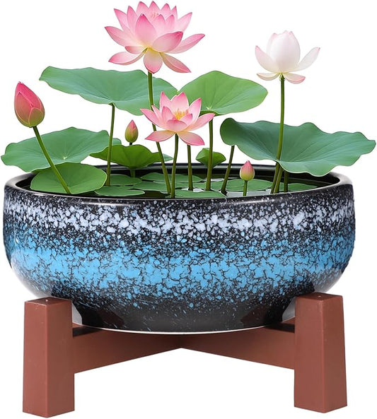 Lotus Bowl Planter with Cross Base, Ceramic Water Plant Bowl, Indoor Lotus Flower Pot with Starry Texture, Leakproof Bonsai Bowl, Hydroponic Planter for Aquatic Plants, Lilies, and Succulents