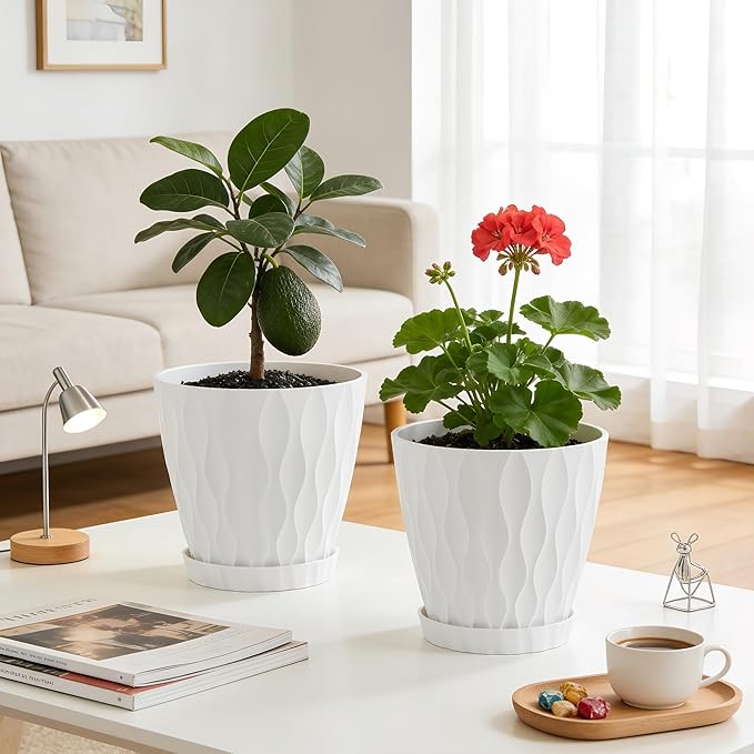 8 Inch Plant Pots, 2 Pack Plastic Planters for Indoor Outdoor with Drainage Holes & Saucers, Waffle Texture Flower Pots for Indoor Plants, Indoor Plant Pots for Monstera, Fiddle Leaf Fig, White