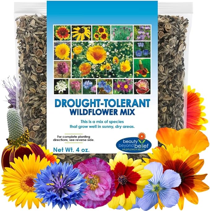 Drought Tolerant Wildflower Seeds - 4oz Packet, Open-Pollinated Bulk Flower Seed Mix for Beautiful Perennial, Annual Garden Flowers - No Fillers - 1/4 Pound