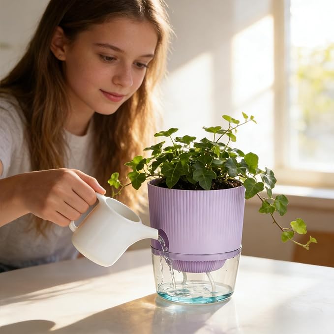 Plant Pots, 4 Pack 5.7 Inch Self Watering Pots for Indoor Plants, Flower Pots with Deep Reservoir and Drainage Holes - Yellow & Purple