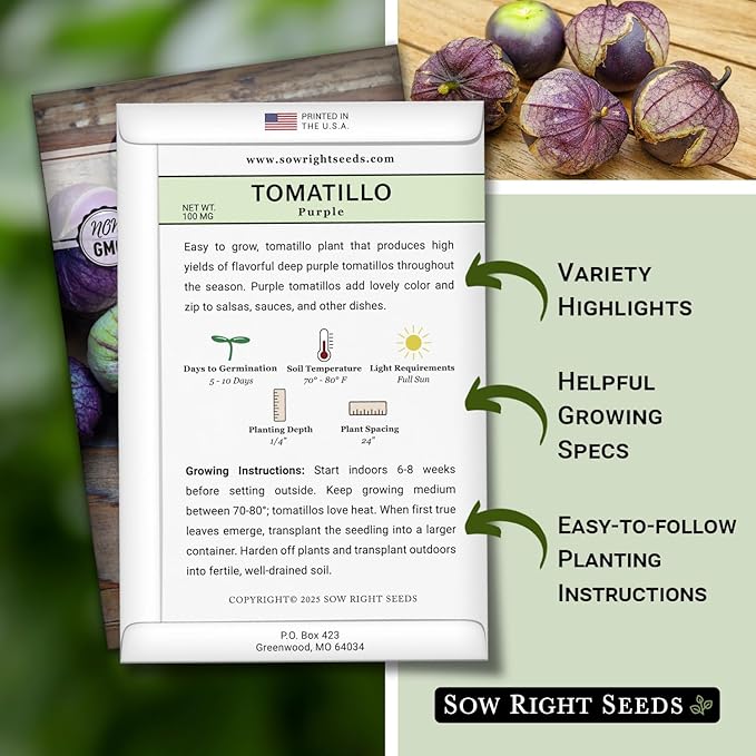 Sow Right Seeds - Purple Tomatillo Seeds for Planting - Non-GMO Heirloom Packet with Instructions to Plant an Outdoor Home Vegetable Garden - Mexican Husk Tomato - Ground Cherries Great for Salsa (3)