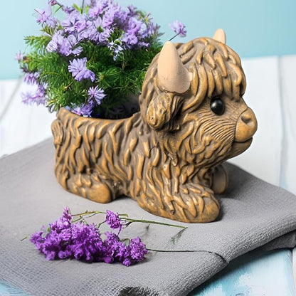 Highland Cow Planter, Resin Succulent Plant Pot, Small Decorative Animal Flower Container, Gift for Cow Lovers (Dark Brown)