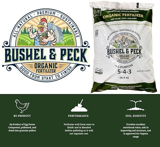 Bushel & Peck Organic Compost Fertilizer 5-4-3 - Pelleted Poultry Manure | OMRI Listed | Natural Soil Amendment for Gardens, Flowers, Vegetables & Lawns (50 Pounds (2 Bags))