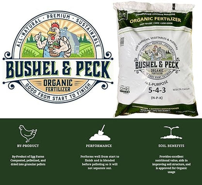Bushel & Peck Organic Compost Fertilizer 5-4-3 - Pelleted Poultry Manure | OMRI Listed | Natural Soil Amendment for Gardens, Flowers, Vegetables & Lawns (50 Pounds (2 Bags))