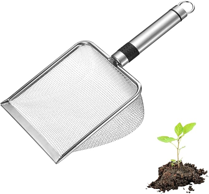 1-Pack Gardening Soil Sifter, 2 mm Mesh Stainless Steel Sand Soil Compost Sieve with Stainless Steel Handle for Sand/Dirt/Rock Compost, Screen Potting Scoop [Silver Tone]