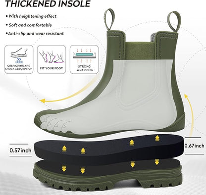 DKSUKO Rain Boots Women Waterproof Chelsea Boots Ankle Garden Shoes for Ladies Rubber Short Rainboots with Removable Comfort Insole for Outdoor Work Deck Mud Boots