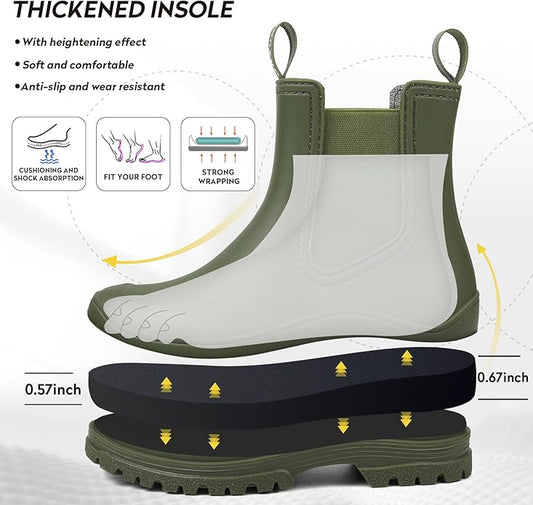 DKSUKO Rain Boots Women Waterproof Chelsea Boots Ankle Garden Shoes for Ladies Rubber Short Rainboots with Removable Comfort Insole for Outdoor Work Deck Mud Boots