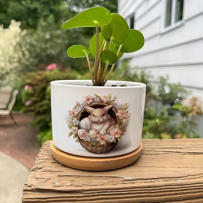 Watercolor Easter Basket Bunny Ceramic Flower Pots,Gardening Plant Pot with Drainage Holes And Saucers Round Ceramic Pots for Indoor Plants Succulent Herbs Cactus Pots for Dad Papa Grandpa