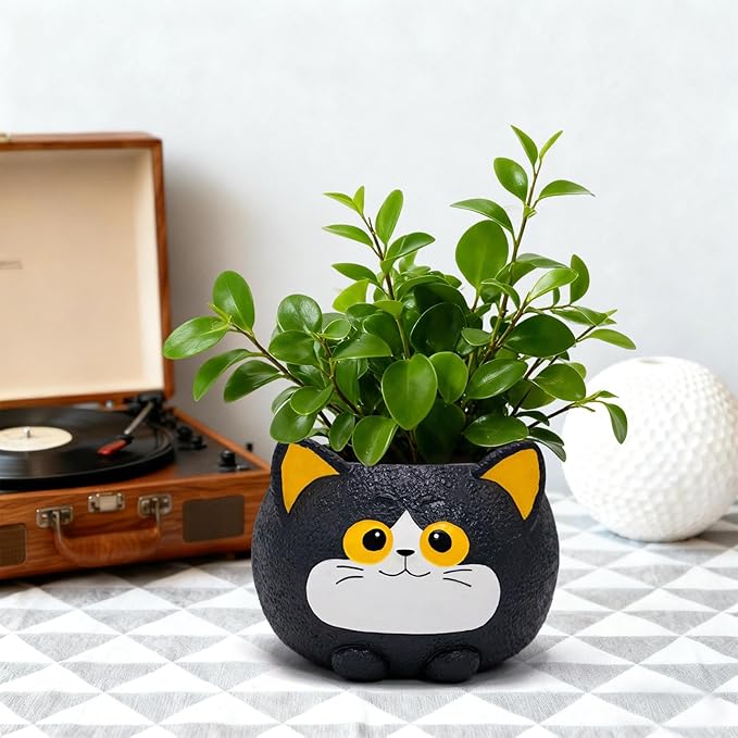 Black Cat Planter Pot - Unique Resin Succulent Planter with Drainage Hole, Funny Cat Plant Pots for Indoor Outdoor Plants, Cute Decorative Flower Pot Gift for Mother and Cat/Plant Lovers
