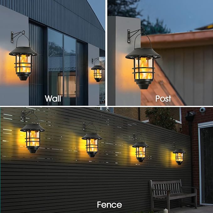 Solar Hanging Lantern Outdoor, Flickering Flames Outdoor Lights,Solar Lights Waterproof for Wall Fence Patio Porch Yard,2 Pack