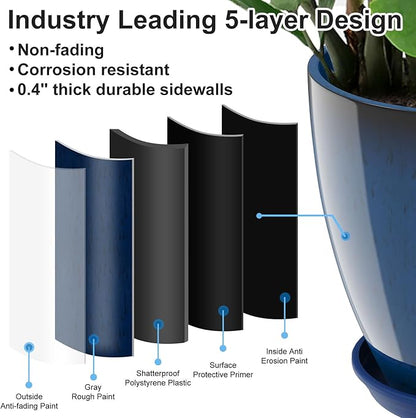 GameXcel Flower Pot Indoor - Outdoor Plant Pot - Navy Blue Glossy Planter - Elegant Ceramics Imitation - 12" Diameter 12" Tall with Drainage Holes and Saucer