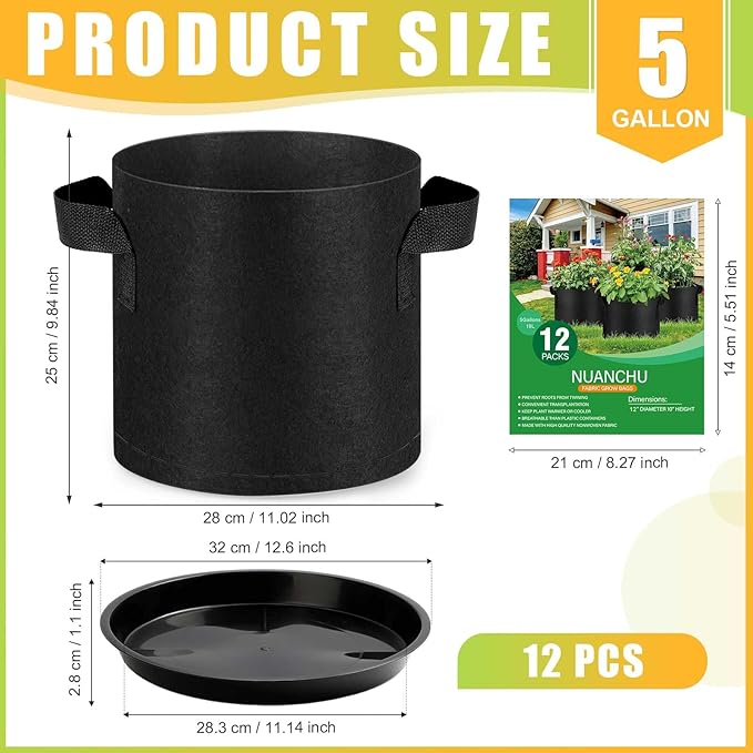 12 Sets 5 Gallon Grow Bags with Plant Saucers, Durable Fabric Plant Pots with Handles, Aeration Drainage Planter Bags for Planter, Reusable Garden Bags Drip Trays Set for Indoor Outdoor