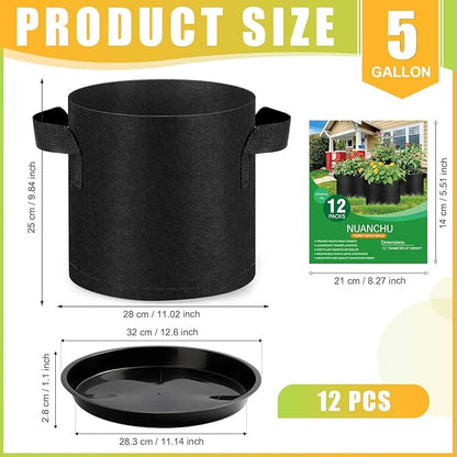 12 Sets 5 Gallon Grow Bags with Plant Saucers, Durable Fabric Plant Pots with Handles, Aeration Drainage Planter Bags for Planter, Reusable Garden Bags Drip Trays Set for Indoor Outdoor