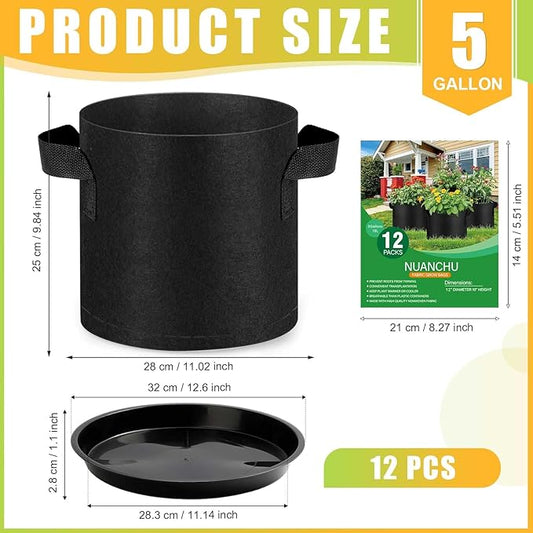 12 Sets 5 Gallon Grow Bags with Plant Saucers, Durable Fabric Plant Pots with Handles, Aeration Drainage Planter Bags for Planter, Reusable Garden Bags Drip Trays Set for Indoor Outdoor