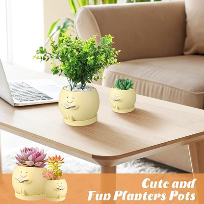 2 Pcs Smile Face Planters Pots with Drainage Hole, 6'' Head Planters 3.6'' Cute Resin Flower Pot for Indoor Plants, Succulent Pots for Plant Lover Gift(Book)