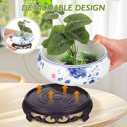 DOITOOL 7 Inch Lotus Bowl Planter Water Lily Pot with Stand Lotus Flower Bowl White Planter Hydroponic Container Bonsai Pots for Indoor Garden Decoration