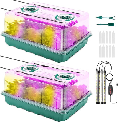 Seed Starter Tray with Grow Light, Seed Starter Kit with Adjustable Humidity Dome, Seed Starting Trays Plant Starter Kit for Seeds Growing Starting, Indoor Gardening, Greenhouse (With grow light, 2)