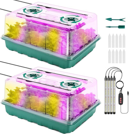 Seed Starter Tray with Grow Light, Seed Starter Kit with Adjustable Humidity Dome, Seed Starting Trays Plant Starter Kit for Seeds Growing Starting, Indoor Gardening, Greenhouse (With grow light, 2)