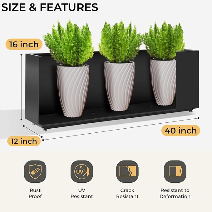 40Wx12Dx16H Metal Planter, Raised Garden Bed, Rectangular Planter Box for Outdoor Plants, Vegetables & Vines, Features Drainage Holes & Adjustable Feet, Easy Assembly, Black