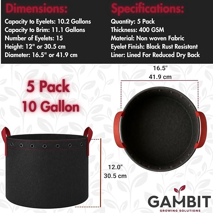 Fabric Grow Bags – 10 Gallon (5-Pack) Heavy-Duty 500G Pots with Handles & LST Rings for Vegetables, Flowers, Fruits