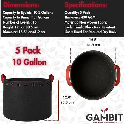 Fabric Grow Bags – 10 Gallon (5-Pack) Heavy-Duty 500G Pots with Handles & LST Rings for Vegetables, Flowers, Fruits