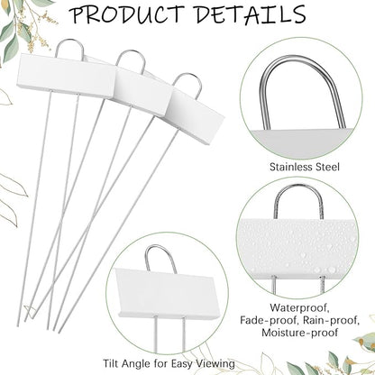Maitys 62 Pcs Metal Garden Markers Plant Label Stakes Outdoor Weatherproof 10.6 Inch Stainless Steel Nursery Tags Bulk with Pens (White Label with Black Ink)