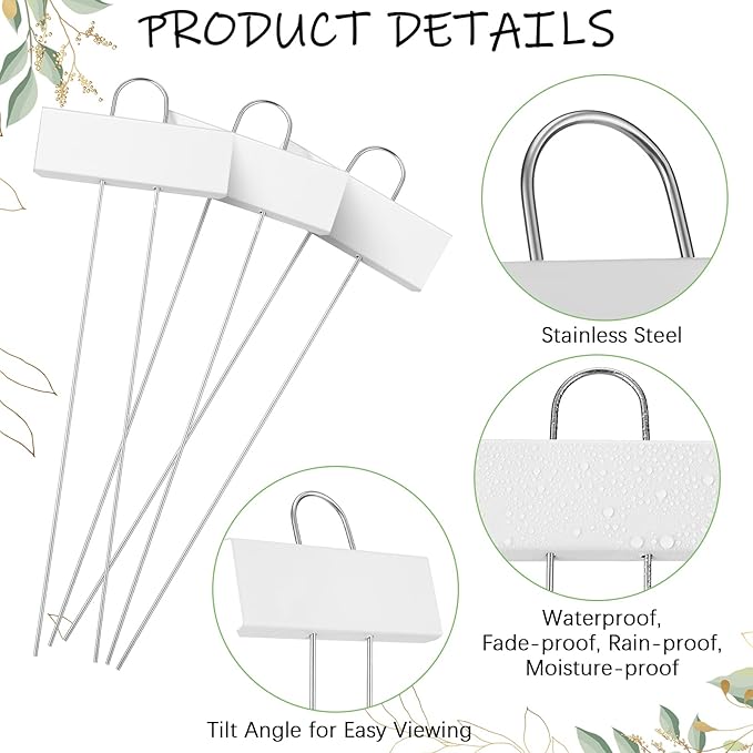 Maitys 38 Pcs Metal Garden Markers Plant Label Stakes Outdoor Weatherproof 10.6 Inch Stainless Steel Nursery Tags Bulk with Pens (White Label with Black Ink)