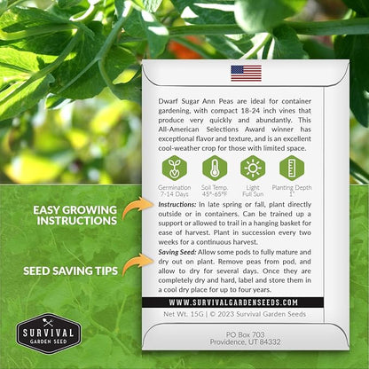 Sugar Ann Dwarf Pea Seeds for Planting - Compact Sugar Snap Peas for Containers and Small Gardens, High Yield Heirloom Open Pollinated Non-GMO - Survival Garden Seeds (3 Pack)