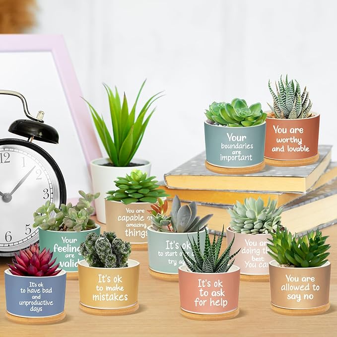 10 Pcs Positive Affirmation Gift Succulent Pots Mental Health Succulent Pots Gifts Inspirational Gifts Encouragement Ceramic Pot Small Succulent Flower Pots for Coworkers Friends Teacher Employee