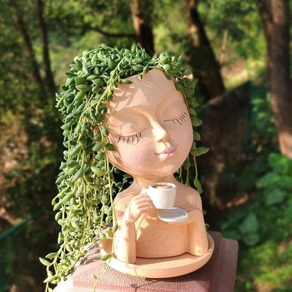 Face Planter Pots, Resin Face Planter for Indoor/Outdoor Plants,Head Planter with Drainage Hole/Removable Saucer,Girl Holding Coffe (Coffee, Skin)