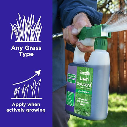 Commercial Grade Lawn Fertilizer with Iron- Liquid Fertilizer Spray- Nitrogen and Iron for Deeper Green Turf- Any Grass Type - Simple Lawn Solutions - Lawn Energizer - 32 Ounce