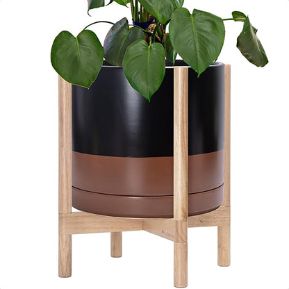 D'vine Dev Ceramic Planter with Natural Stand - 14 Inch Modern Round Flower Pot with Wood Planter Holder, Black/Speckled Tan, 55-B-R-7