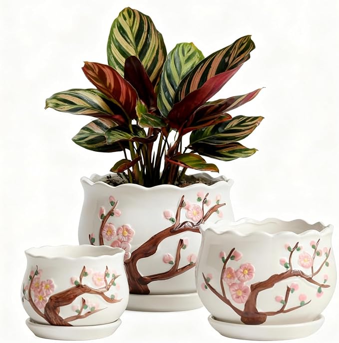 Vintage Flower Pots for Indoor Plant, Round Ceramic Plant Pots with Drainage Holes and Saucers, 6.7/5.2/3.9 Inches Retro Flower Planters Set of 3 (Cherry Blossom)