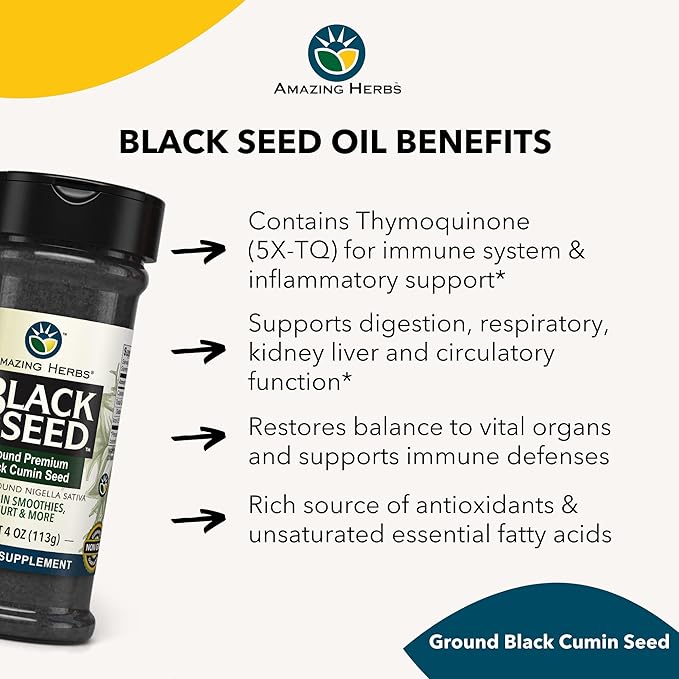 Amazing Herbs Premium Ground Black Cumin Seeds - Finely Ground Nigella Sativa, Gluten Free, Non GMO, Supports Cardiovascular Function & Preserves Digestive Health - 4 Oz