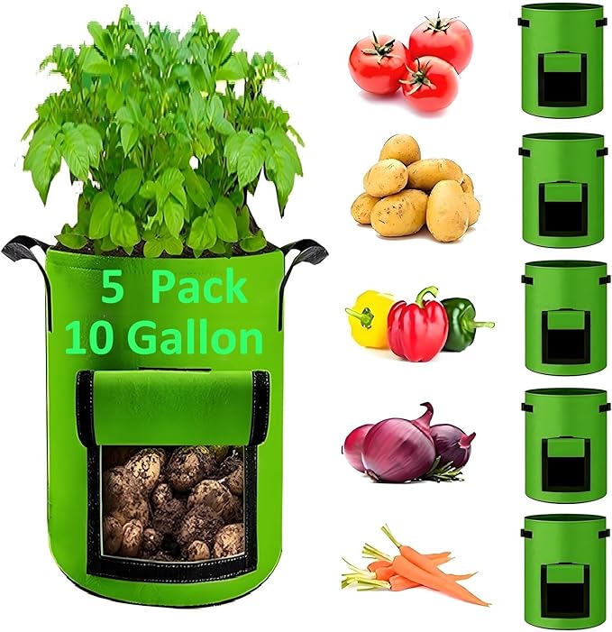 Potato Grow Bags,(5 Pack 10 Gallon) Garden Vegetables Growing Planter with Handles and Access Flap for Planting Potato Carrot Onion Taro Radish Peanut, (Green)