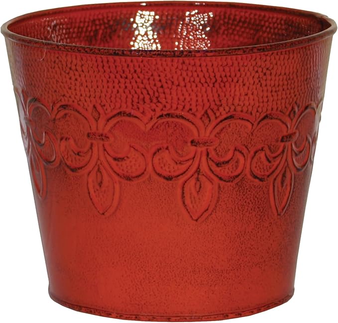Robert Allen MPT01889 Fluer De Lis Series Metal Planter Flower Pot, 6", Color Cayenne Red